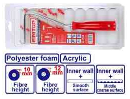 Professional Cylinder Brush 11 in 1 Set Inner Wall - 100mm 4" Acrylic Polyester Foam 6mm Shank 5 Acrylic 5 Foam Rollers Double Blister